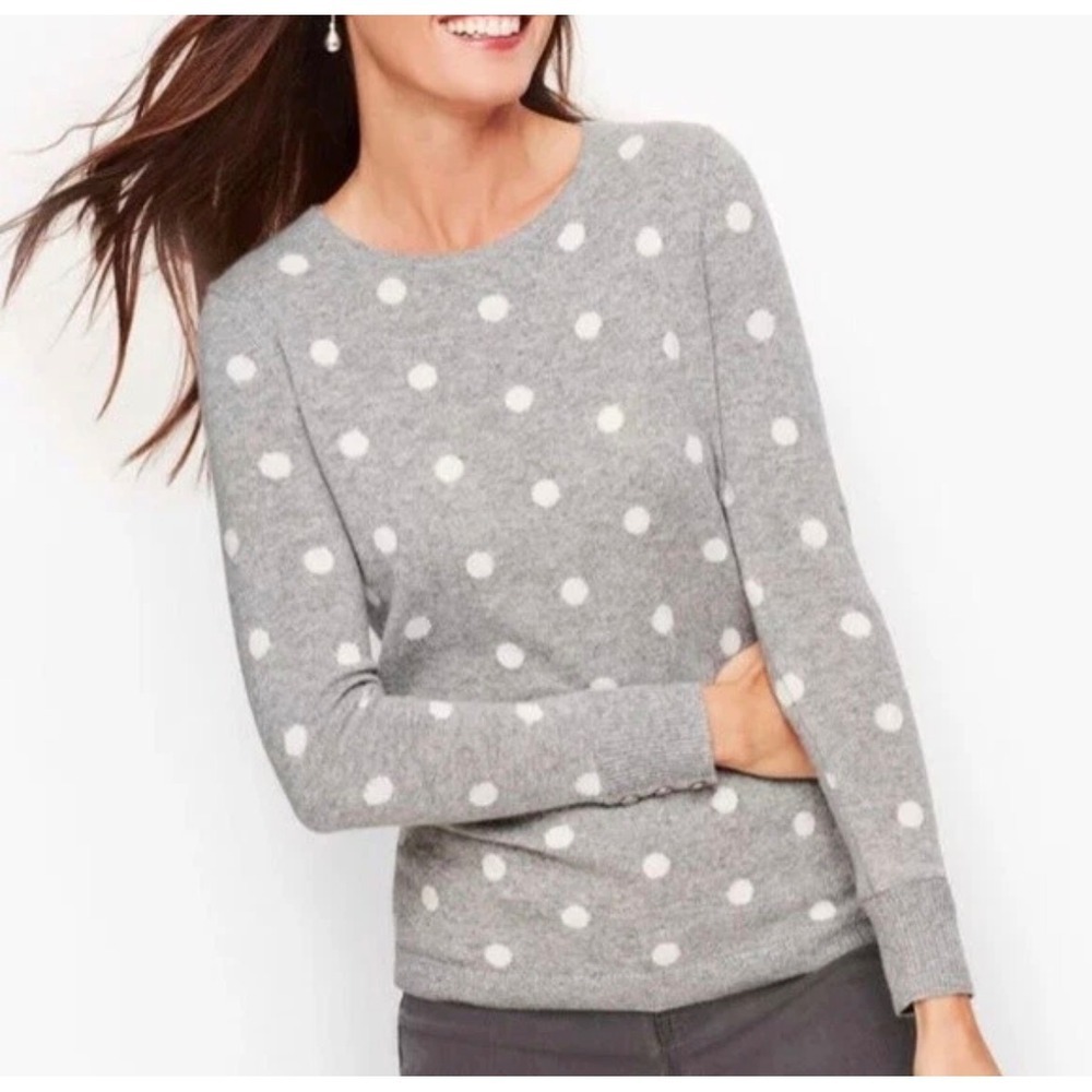 Talbots Pure Cashmere Polka Dot Crewneck Sweater Grey White Womens Medium